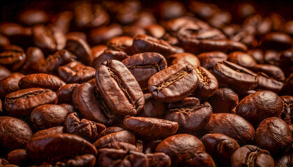 Roasted Coffee Beans Close-Up,Close-up of roasted coffee beans with rich, dark brown tones and detailed textures.