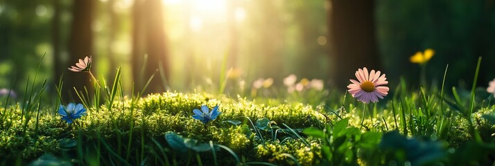 Wall Mural - A serene scene of a sunlit forest floor adorned with vibrant wildflowers in soft pink and blue hues, creating a tranquil atmosphere of nature's beauty. forest background, wilderness