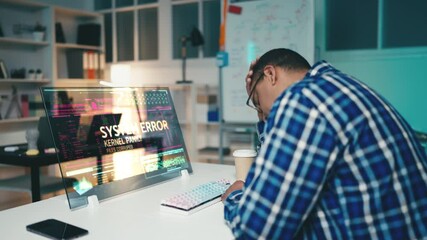 IT service worker upset with a system error message displayed on computer screen