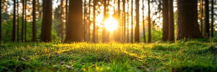 Wall Mural - A serene forest scene at sunrise, showcasing vibrant green grass and tall trees bathed in warm golden light, creating a peaceful and tranquil atmosphere. wilderness background