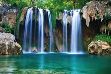 Wall Mural - A large waterfall surrounded by trees and foliage