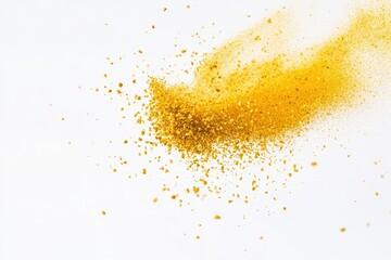 Wall Mural - Sprinkled yellow powder on a clean white surface, ideal for use in still life photography or design projects