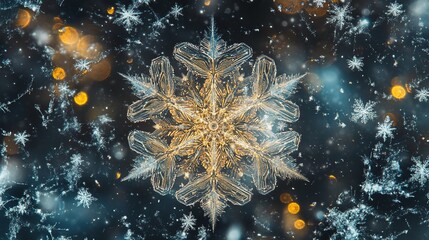 Wall Mural - Intricate golden snowflake against bokeh background.