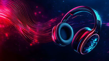 Wall Mural - futuristic headphones with neon soundwaves in dark background