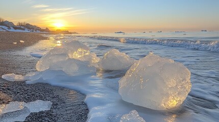 Canvas Print - Icy shore, sunrise, ocean waves, winter scene.