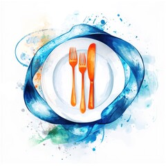 Wall Mural - Table setting Plate, two forks, knife; blue ribbon around with paint effects