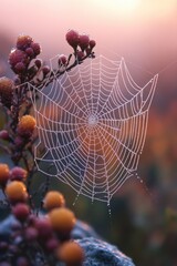 A close-up of a spider web with water droplets glistening on its surface
