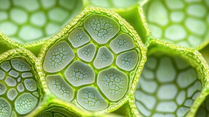 microscopic plant cell structure, cross-section, vibrant green, detailed texture, scientific researc