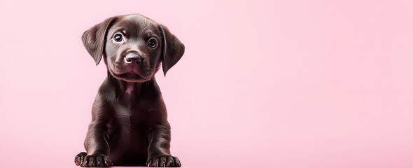 Wall Mural - A cute and adorable Labrador Retriever puppy on soft pink background, banner with copy space for Puppy Day, caring for puppies and dogs in need and provides resources for medical care, food, shelter