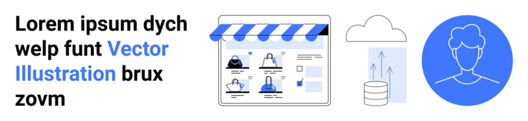 users browsing an online shop interface with cloud data storage symbol and user profile icon. ideal 