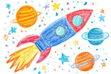 whimsical crayon drawing of a rocket flying through space, with stars and planets, isolated on a whi