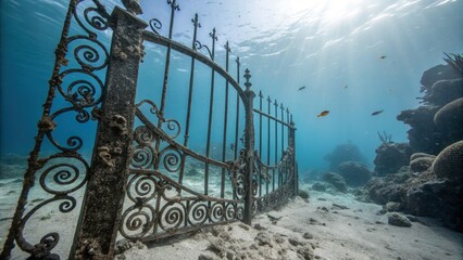 Poster - Majestic Iron Fence Submerged in Turquoise Ocean Waters. Generative AI