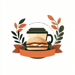 Wall Mural - Burger and coffee with banner, leaves for food ad or design element