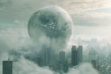 Wall Mural - a giant planet floats in the sky above an urban city