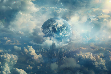 Wall Mural - a giant planet floats in the sky above an urban city