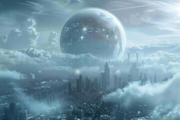 Wall Mural - a giant planet floats in the sky above an urban city
