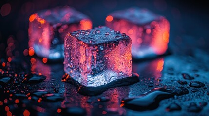 Poster - Neon-lit ice cubes, wet surface, bokeh background, drink advertisement