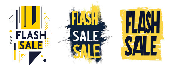 Wall Mural - Three distinct graphic designs advertise a flash sale using contrasting yellow and dark blue colors and various styles.