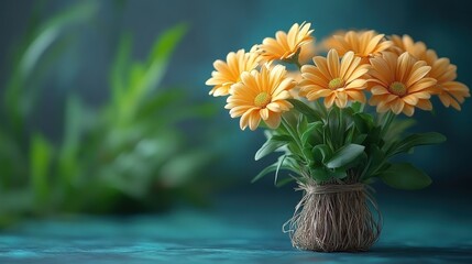 Wall Mural - Vibrant bouquet of orange daisies in a rustic vase against a soft blue-green background