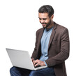 © kite_rin - Portrait of handsome smiling young man with laptop isolated transparent PNG, Joyful cheerful casual businessman looking at computer and typing keyboard