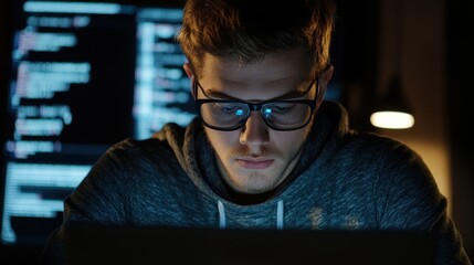 Programmer coding. Young man freelancer working on program code with laptop. Geek coding software vector concept