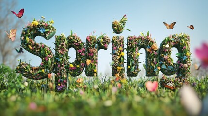 Wall Mural - The word Spring filled with vibrant images of flowers, greenery, and sunshine, blending nature beautifully into each letter.