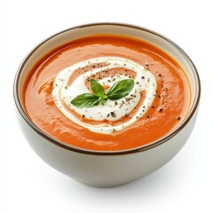 A hearty bowl of creamy tomato bisque with a swirl of cream, isolated white background, realism art style