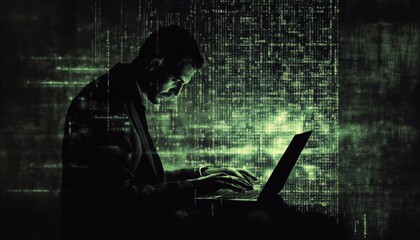 Double Exposure Of Businessman Working On Laptop With Abstract Background Featuring Html Code, Emphasizing Computing And Programming Skills.