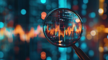 Magnifying glass over digital data visualizations and charts, stock market curve on abstract bokeh effect background