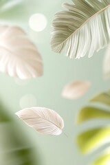 Wall Mural - A collection of 3D tropical leaves including palm, banana, and fern floats gracefully in mid-air. The calming gradient background enhances the serenity and elegance of the scene