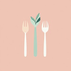 Wall Mural - Forks and a leafy plant on a pink background suitable for a menu or invitation