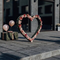 Sticker - Floral Heart Shaped Decoration With Balloons for Valentine’s Day. Generative AI