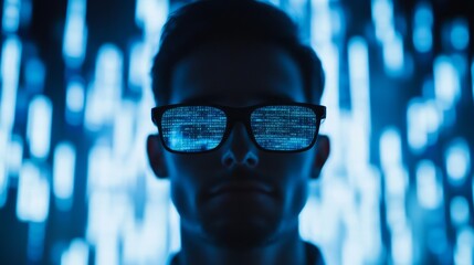 Hacker coding at night, blue light background. Stock photo for tech articles