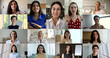 © fizkes - Multiple footages collage view, young and mature pretty women, make videocall, enjoy remote on-line conversation using videoconference application, smile looking at camera. Worldwide communication app