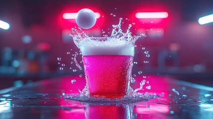 Wall Mural - Pink drink, ball splash, bar, neon lights, party