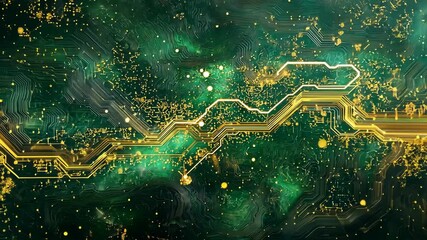 Leinwandbilder - Dive into a mesmerizing tableau of golden circuitry gliding through deep green cosmic clouds. This visual odyssey marries digital artistry and cosmic wonders in a spectacular fusion. 