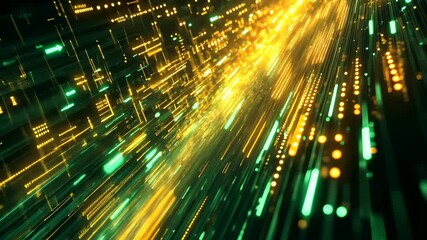 Fototapete - Step into a futuristic realm where vibrant green and golden lights weave through a complex digital grid. This captivating video blends art and technology in an electrifying spectacle. 