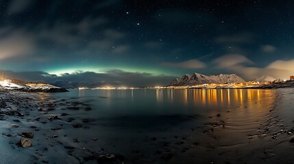 Wall Mural - Northern Lights Reflecting on a Calm Fjord at Night