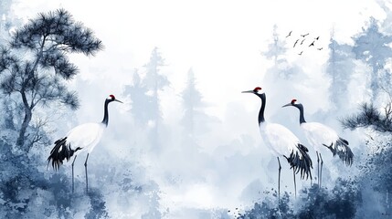 Naklejka na meble A Pair of Majestic Cranes Gracefully Standing Amidst Lush Green Forest Surrounded by Tall Trees and Vibrant Foliage Evoking a Sense of Tranquility and Natural Beauty in Harmony