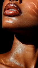 Wall Mural - Close-up of Woman's Face and Neck with Shimmery Skin and Glossy Lips