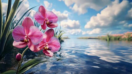 Wall Mural - Serene Orchid Bloom by the Water's Edge