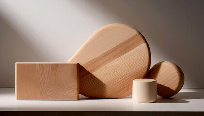 Poster - Elegant Wood Craft Tableware Set With Pastel Glaze on a Minimalist Display