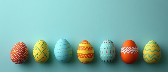 A colorful row of beautifully painted Easter eggs arranged against a vibrant blue background.