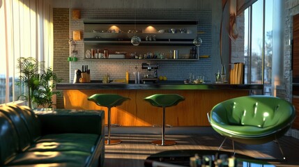 Bar stool at kitchen countertop in multifunctional interior with green chair and sofa