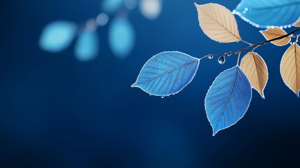 Wall Mural - Leaf with blue water droplets on it. Minimalistic blue background.