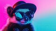 © Alexander LW - skunk neon light. plain colored bright background. in glasses and a hat. unusual lighting