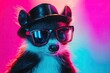© Alexander LW - skunk neon light. plain colored bright background. in glasses and a hat. unusual lighting