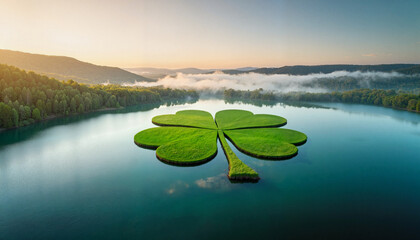 Wall Mural - Clover-shaped island in crystal lake at dusk, St. Patrick’s Day concept