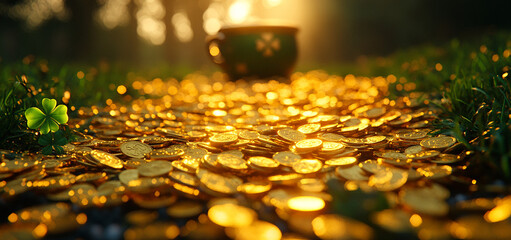 Canvas Print - A pot of gold coins in the forest.