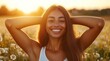 © Irsyad - Golden Hour Happiness: A Woman Smiles in a Sun-Drenched Field